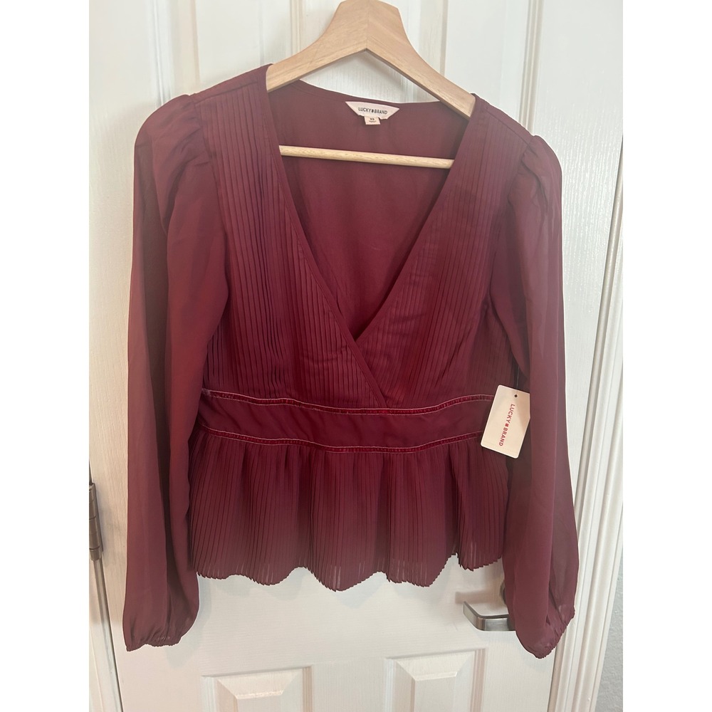 Lucky Brand Pleated Peplum Top Burgundy V-Neck Long Sleeve Velvet Trim Blouse XS